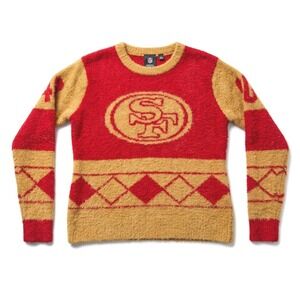 NFL Team Apparel San Francisco 49ers Fuzzy Argyle Sweater Red Gold Womens M